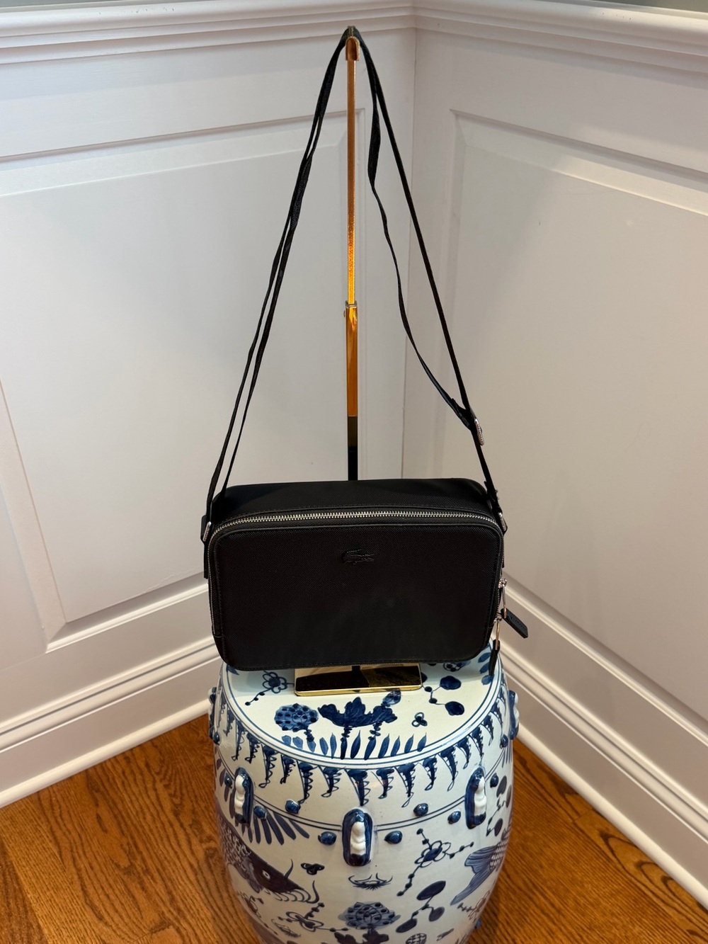LACOSTE Chantaco Piqué Leather Reporter Bag Black